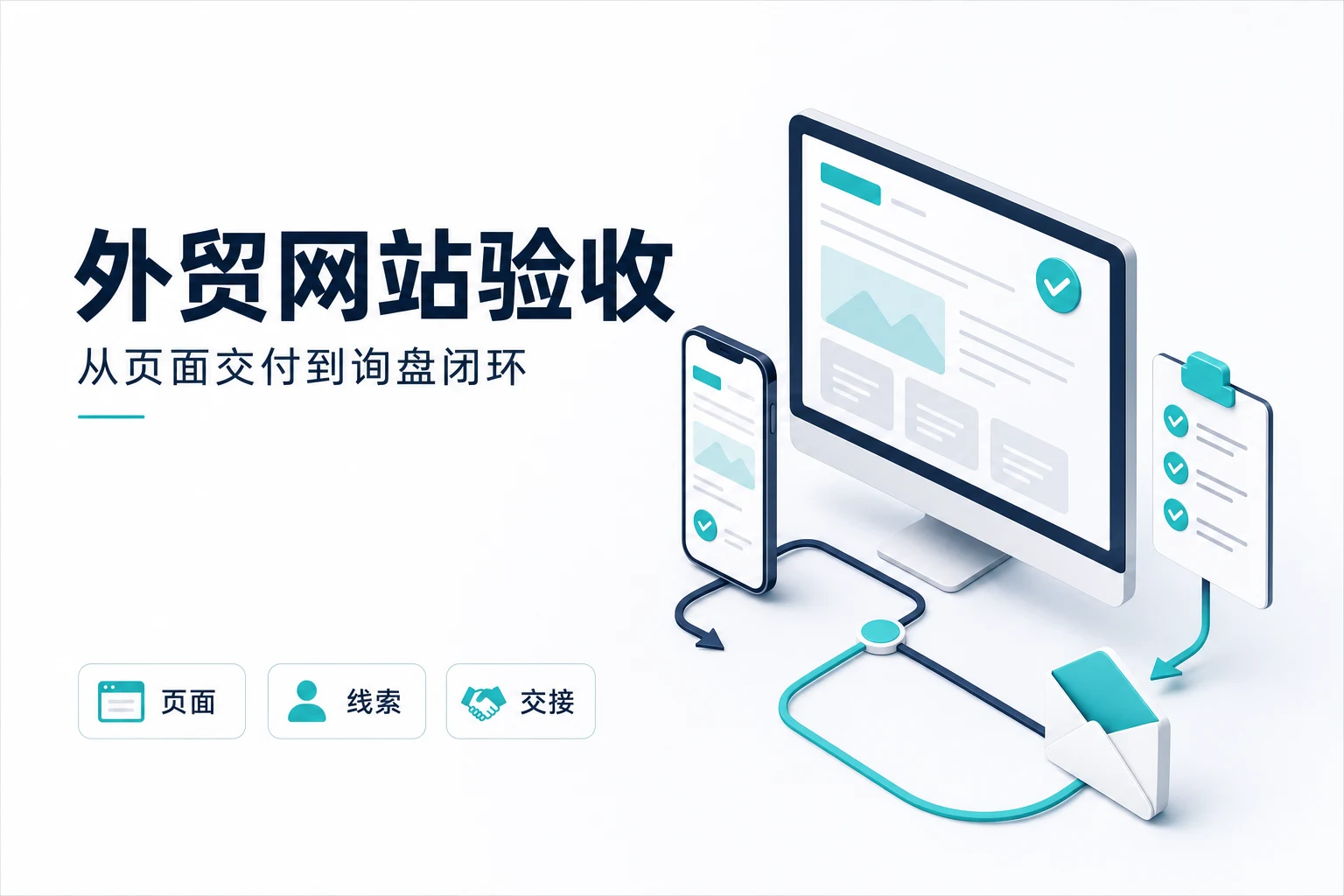 外贸网站验收示意:电脑、手机、检查清单与询盘邮件链路